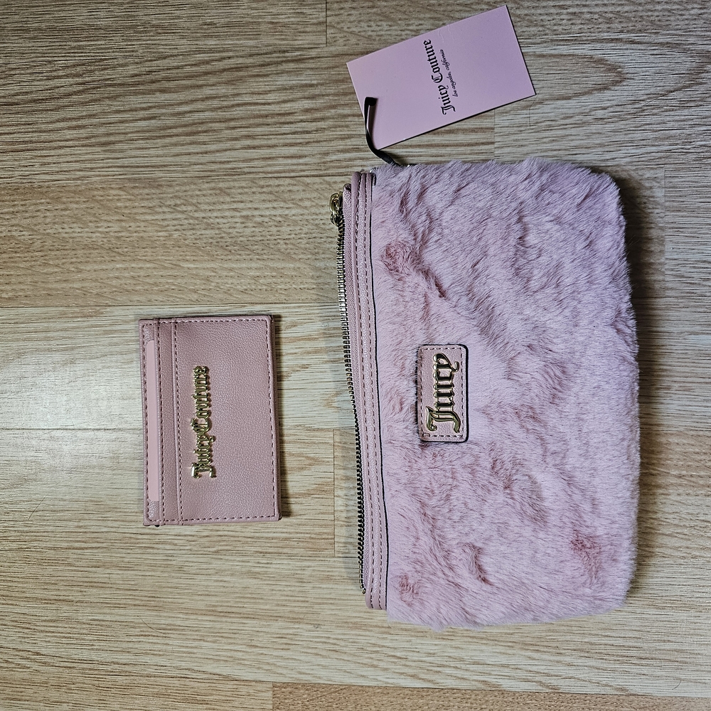 Juicy Couture Pink Faux Fur Pouch and Card Holder Set